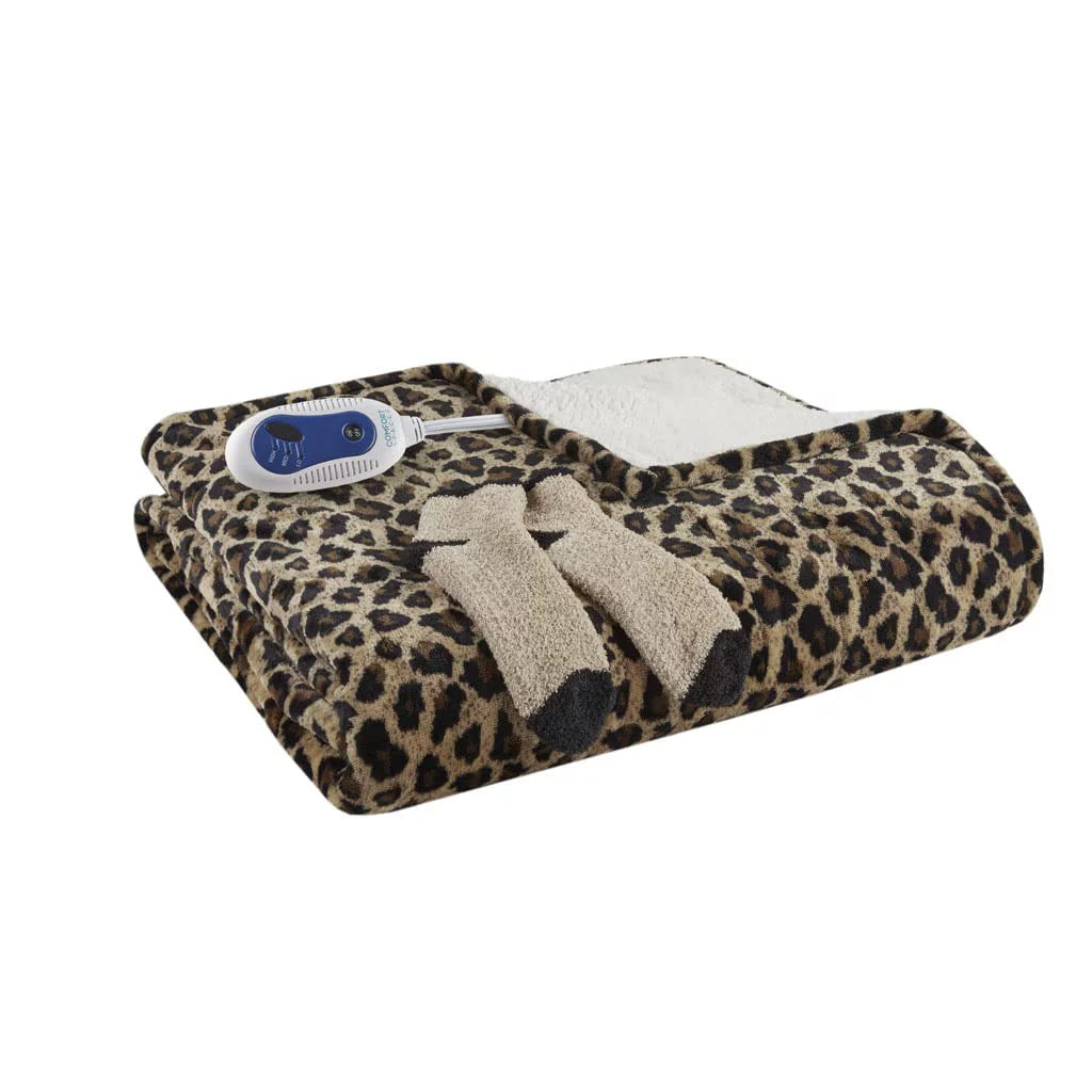 Sherpa Electric Throw Wrap with Sock Set Heated Wearable Blanket Reversible Animal Print 50"x64" X307