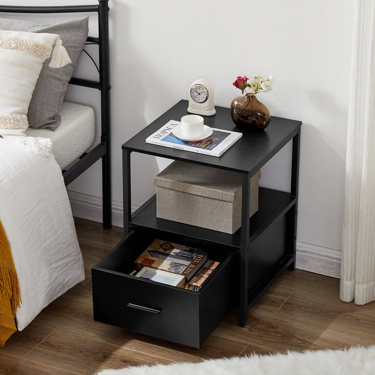 3-Piece Bedroom Set with Twin Bed Frame and 2 Black Nightstands O2775