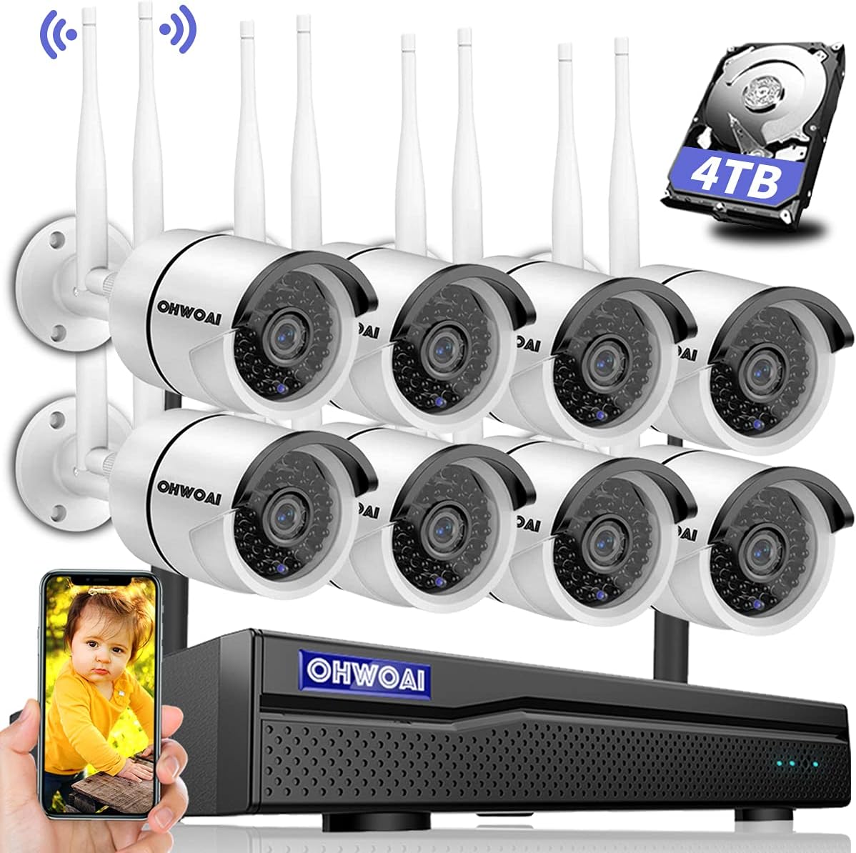Wireless 8 Channel 1080P NVR Security Camera System with 4TB Hard Drive and 8PCS 1080P IP Cameras D3526