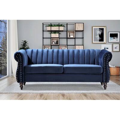 Dark Blue Velvet Rolled Arm Chesterfield Sofa H294