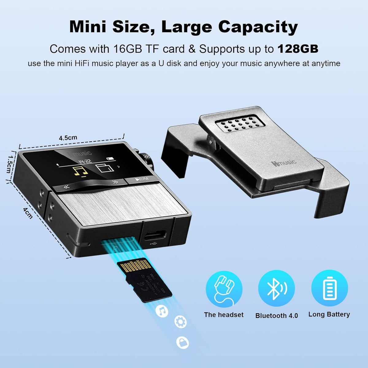 HiFi MP3 Player with Clip, Lossless DSD High Resolution Music Player Bluetooth, Portable Hi-Res Audio Player with 16GB Memory Card S1548