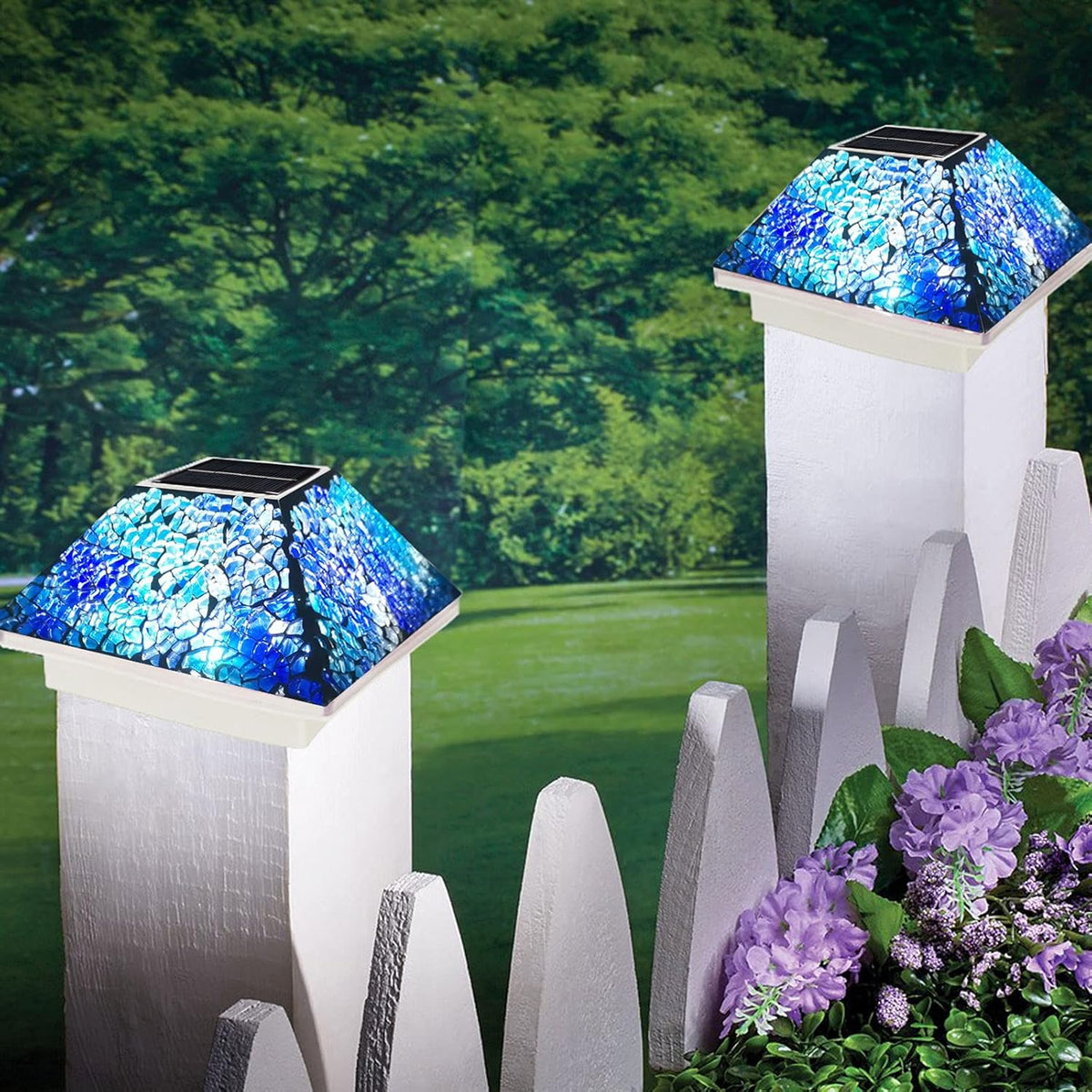 Mosaic Solar Post Cap Lights Outdoor Crackled Glass Weatherproof LED Cyan Blue W662024