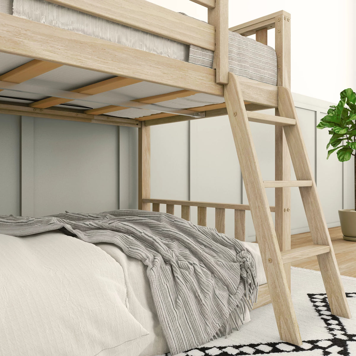 Twin over Twin Wood Bunk Bed with Ladder, Blonde W9126