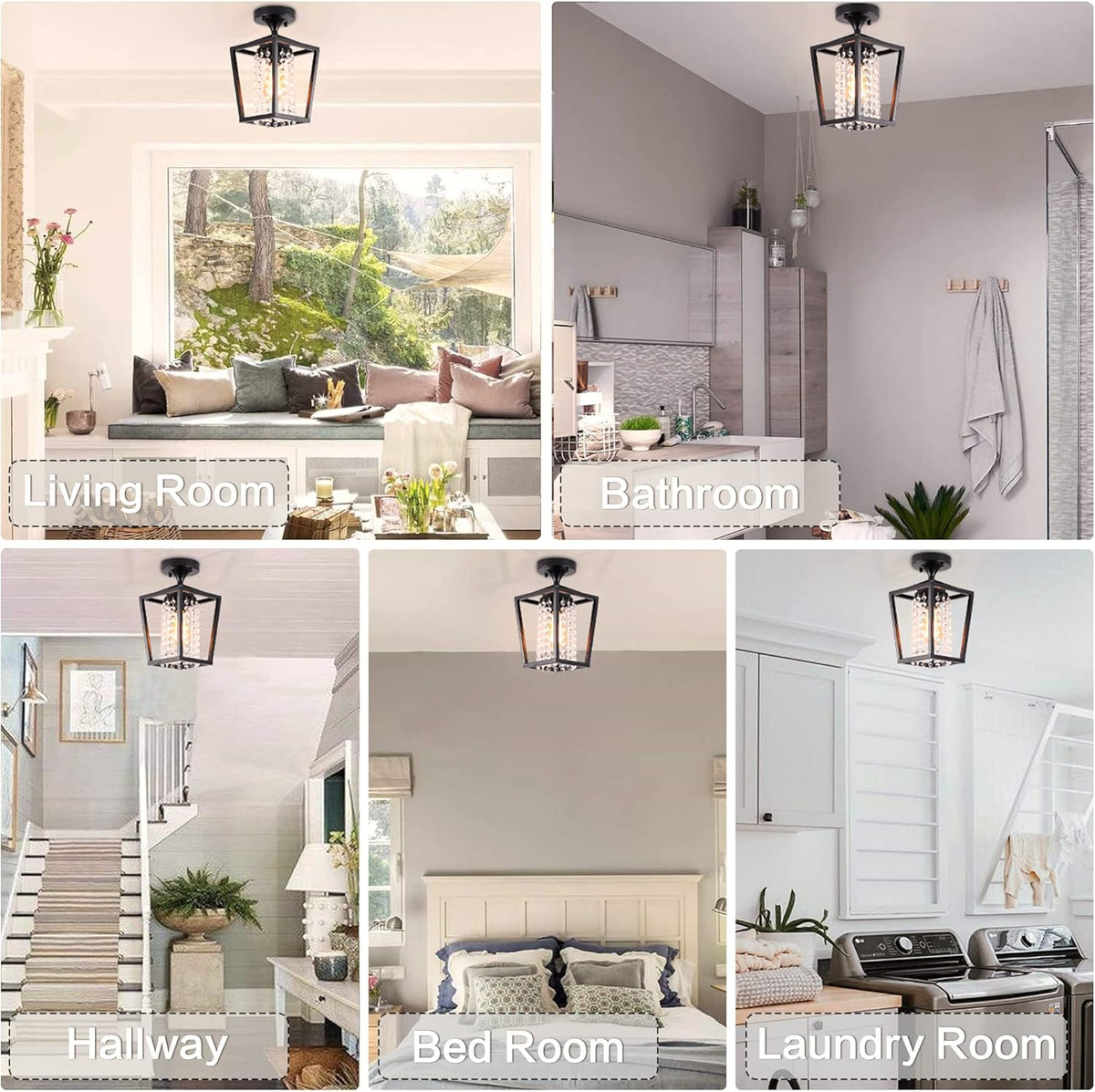 Semi Flush Mount Crystal Ceiling Light Black Metal Cage R67234