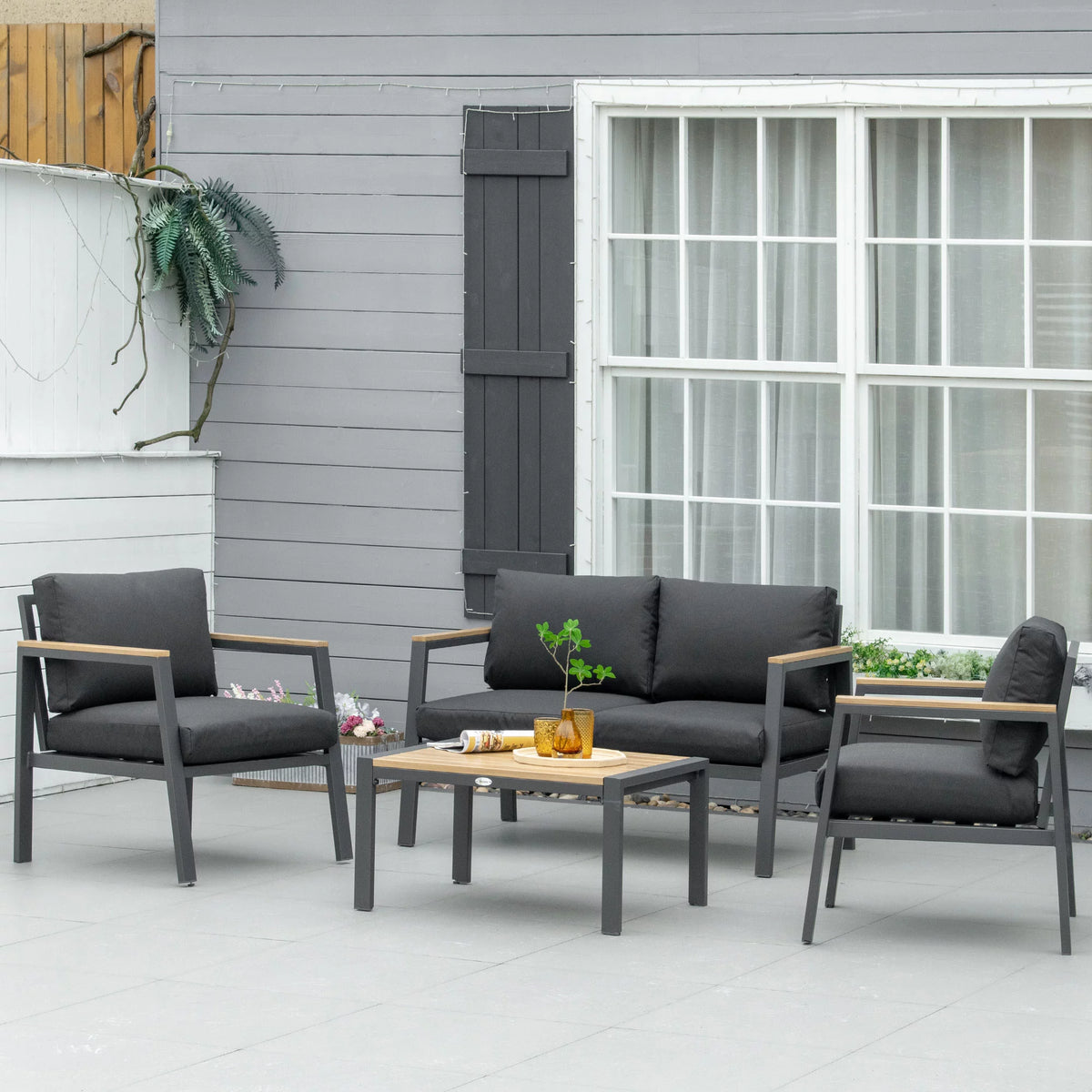 4 Piece Patio Furniture Set with 2 Armchairs, Loveseat Sofa, Center Coffee Table, Cushions, Dark Gray V591