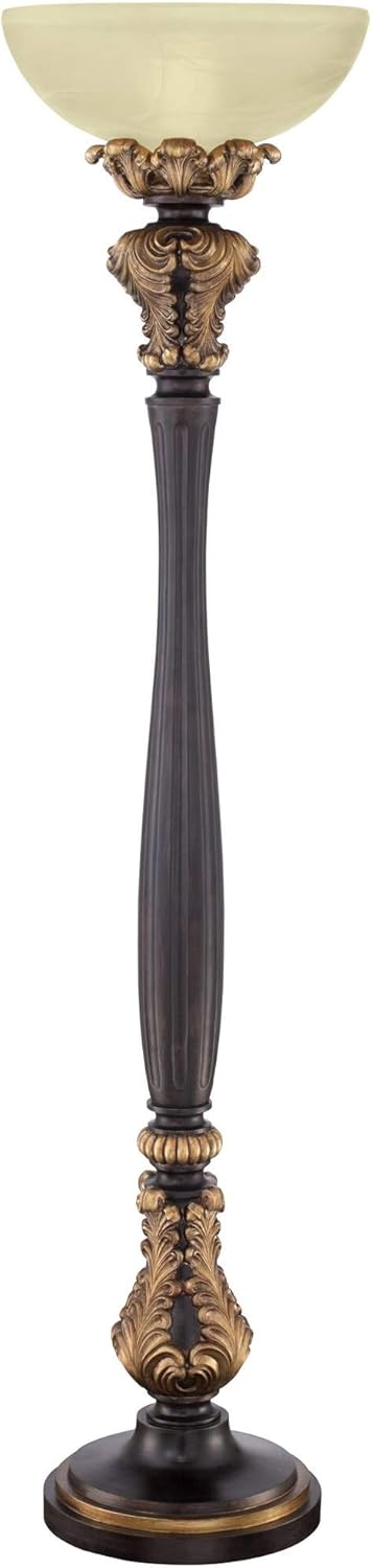 Tall Carved Wood Amber Glass Torchiere Floor Lamp K460
