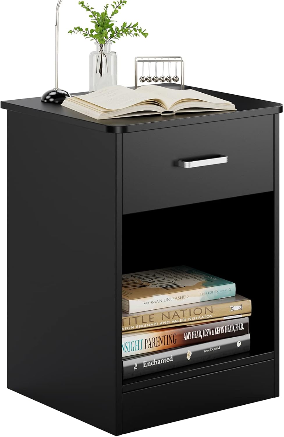 Black 2 Tier Nightstand with Drawer and Storage Cabinet J49612