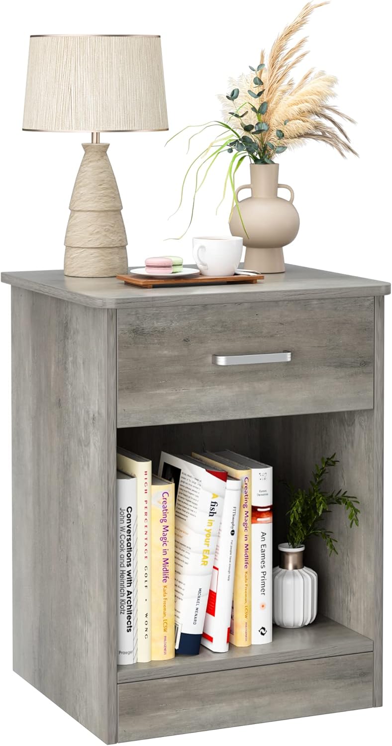 Black 2 Tier Nightstand with Drawer and Storage Cabinet J49612