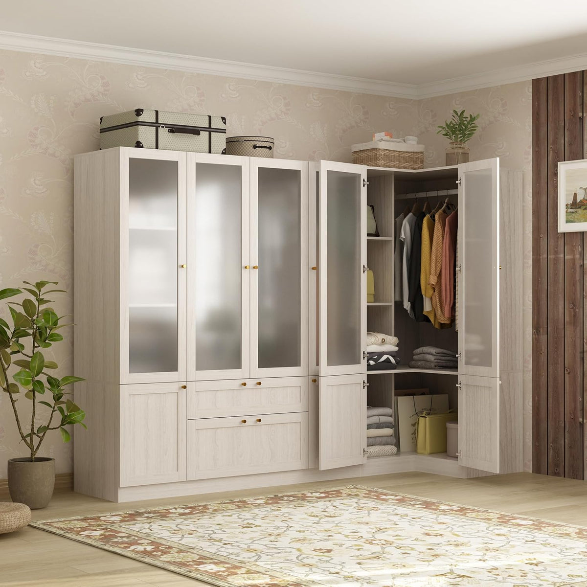 98.4" L Warm Grey 6 Door Wooden Armoire Wardrobe Closet X656