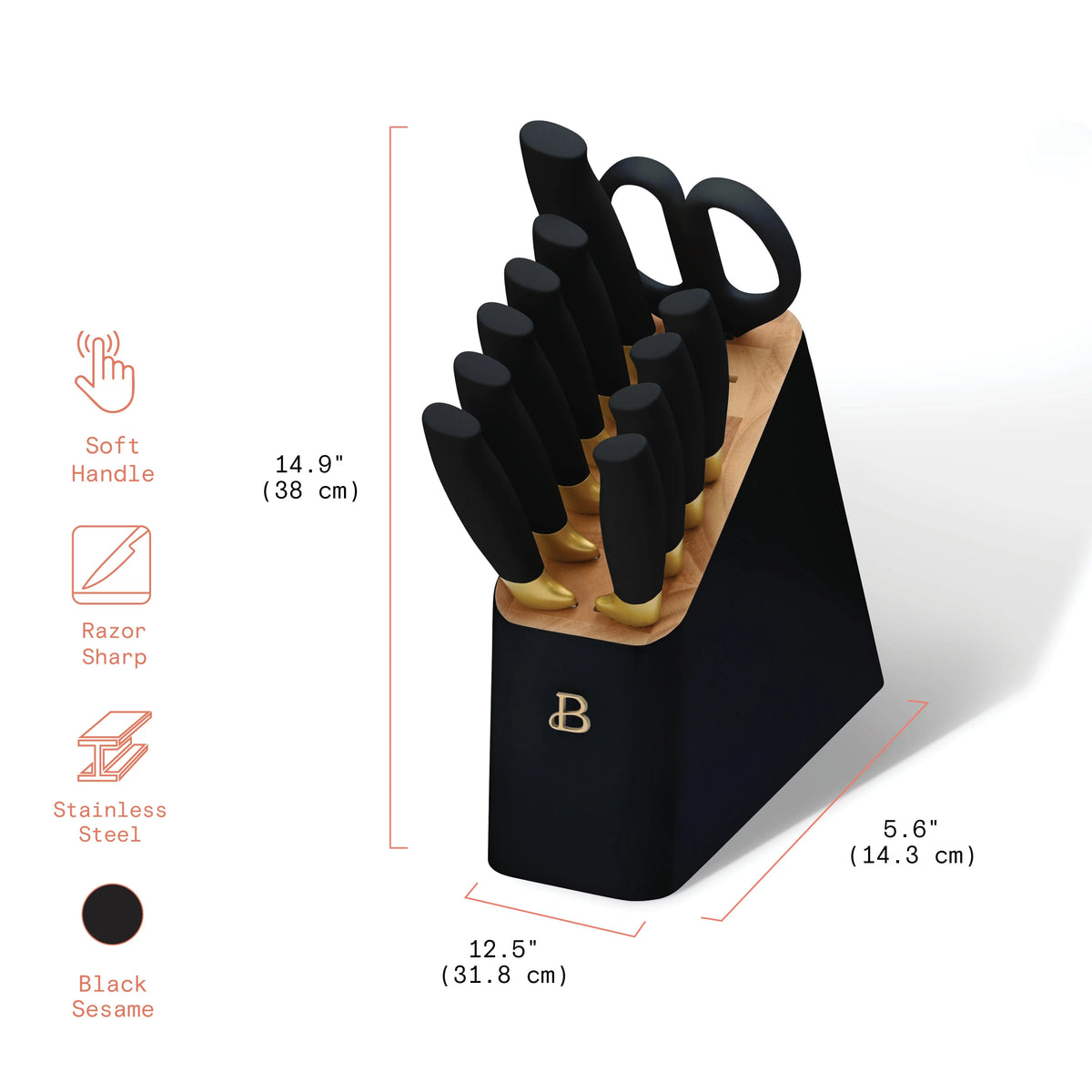 12 Piece Knife Block Set with Soft-Grip Handles White and Gold B1328