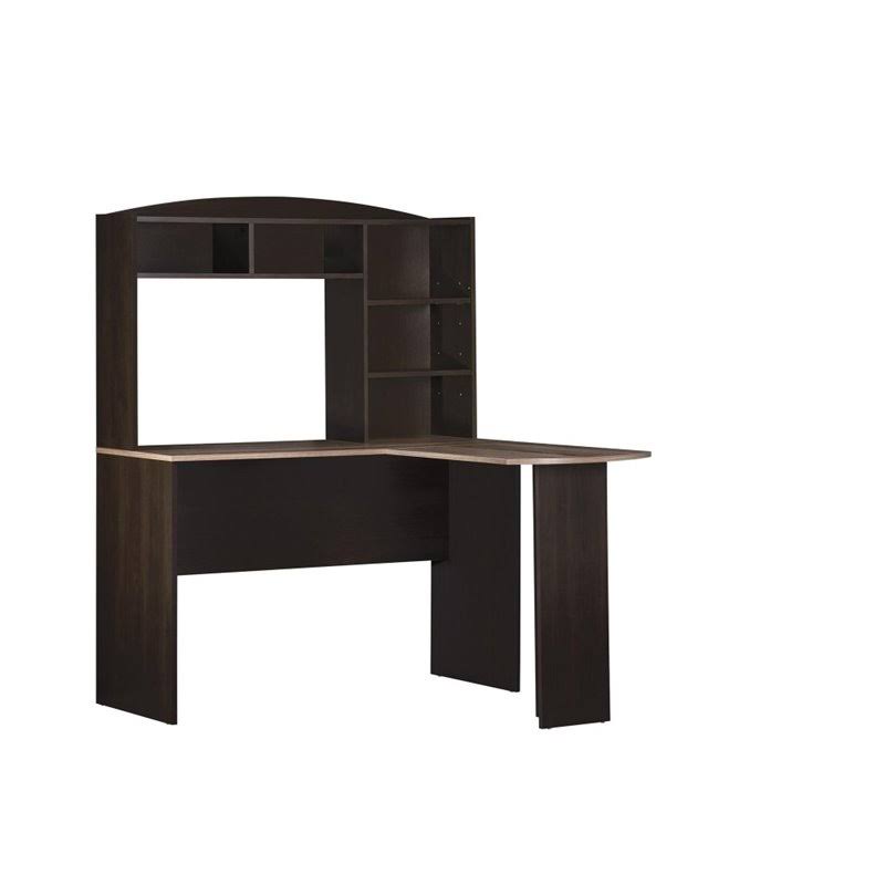 Espresso and Rustic Oak L Desk with Hutch V59362