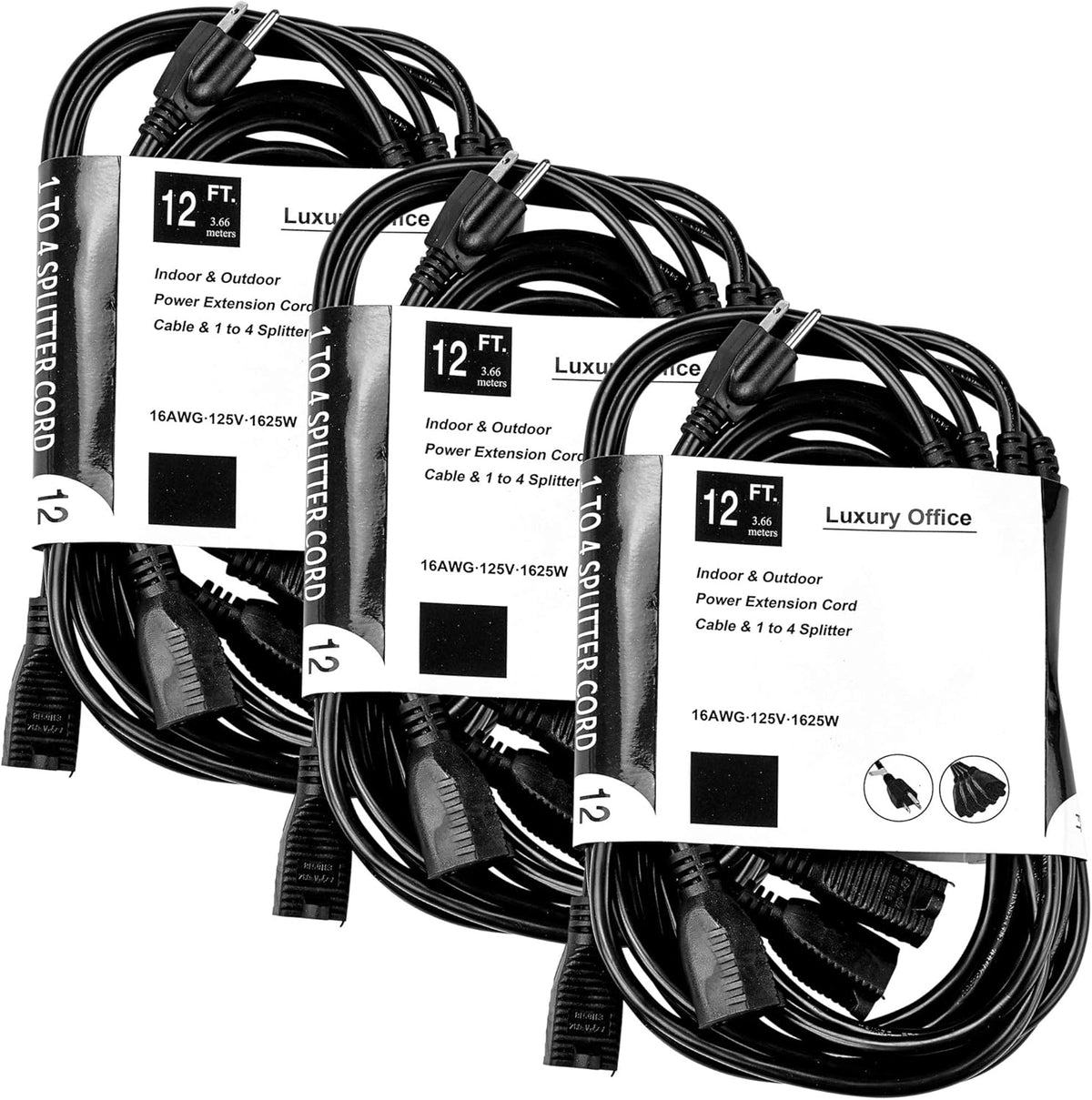 4 Way Power Splitter with 3 Pronged Outlet and Extension Cord, Black, 3 Pack F63844