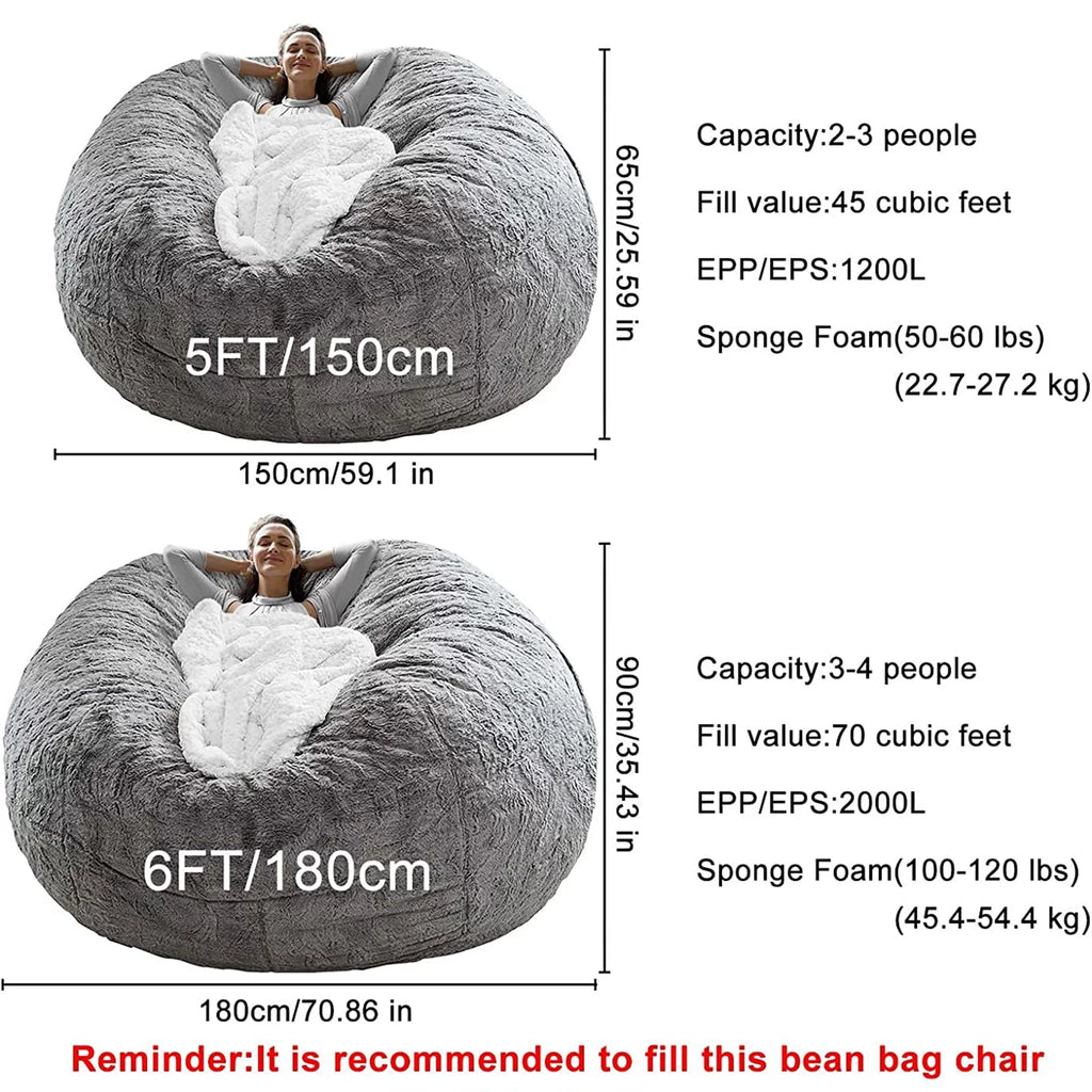 Round Soft Fluffy Velvet Bean Bag Chair Cover 6ft White/Gray W51082