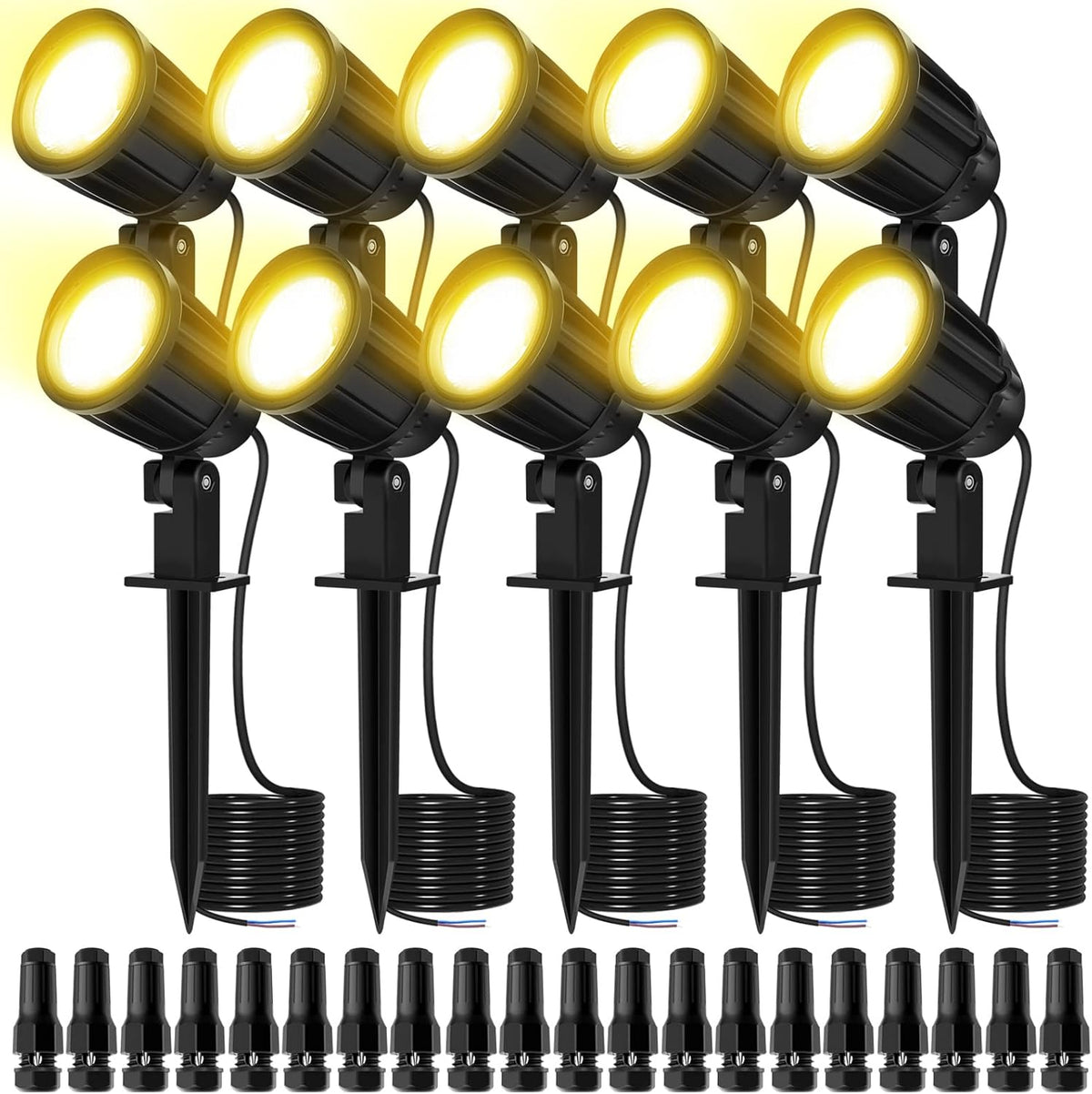 10 Pack LED Landscape Lights with Connectors, 12V 24V IP66 Waterproof Low Voltage 3000K Warm White Outdoor Spotlights with Spike Stand P2496