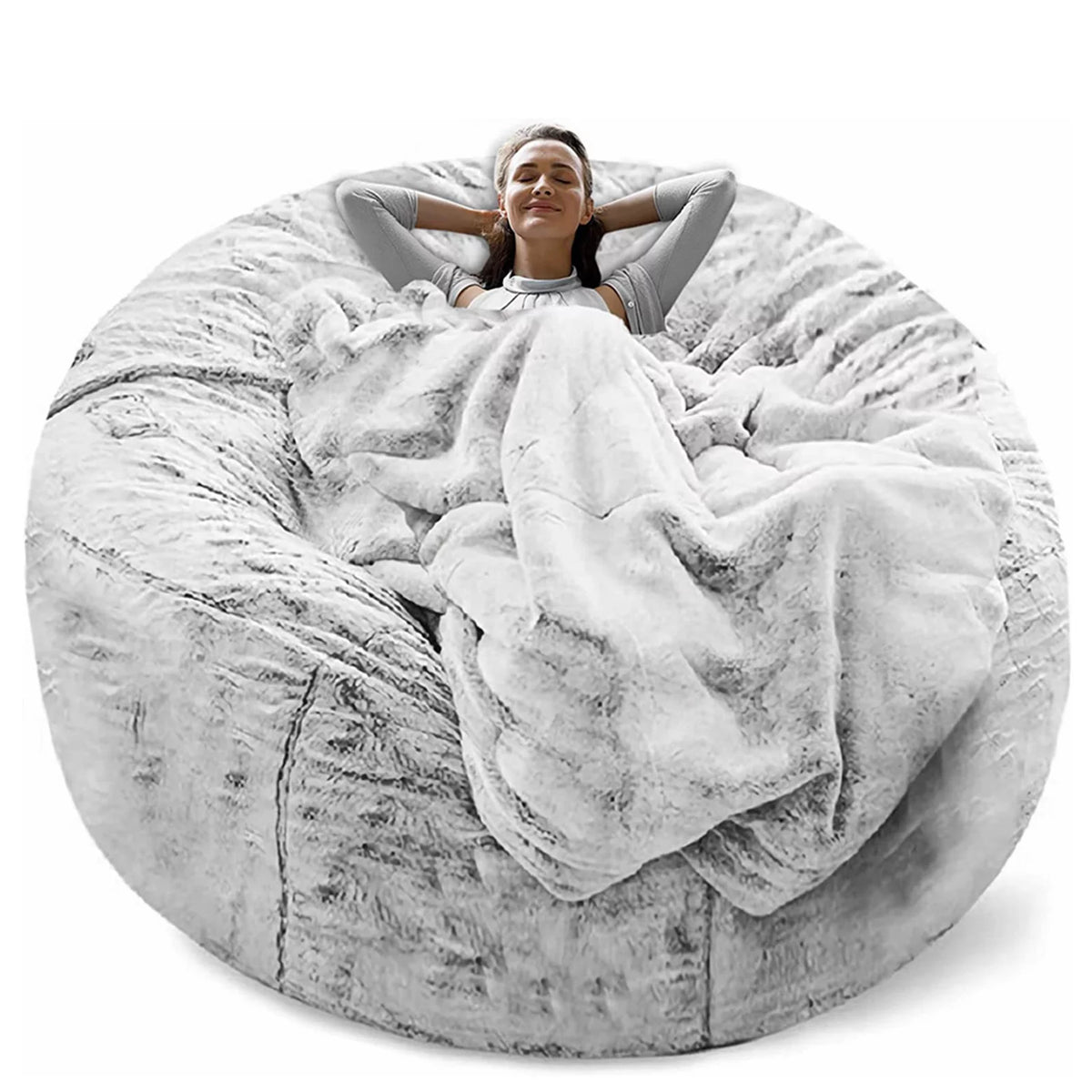 Round Soft Fluffy Velvet Bean Bag Chair Cover 6ft White/Gray W51082