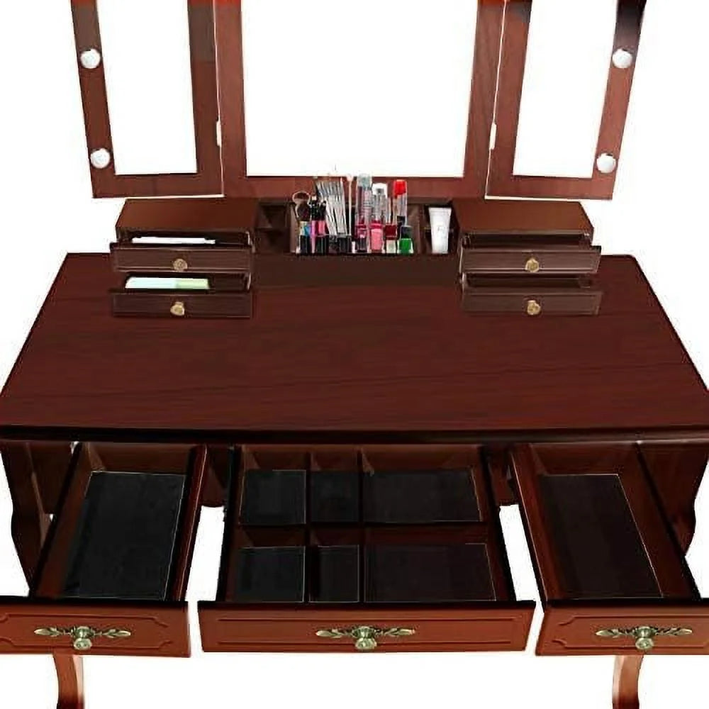 Brown 7 Drawer Vanity Set with Stool and Mirror Q128592