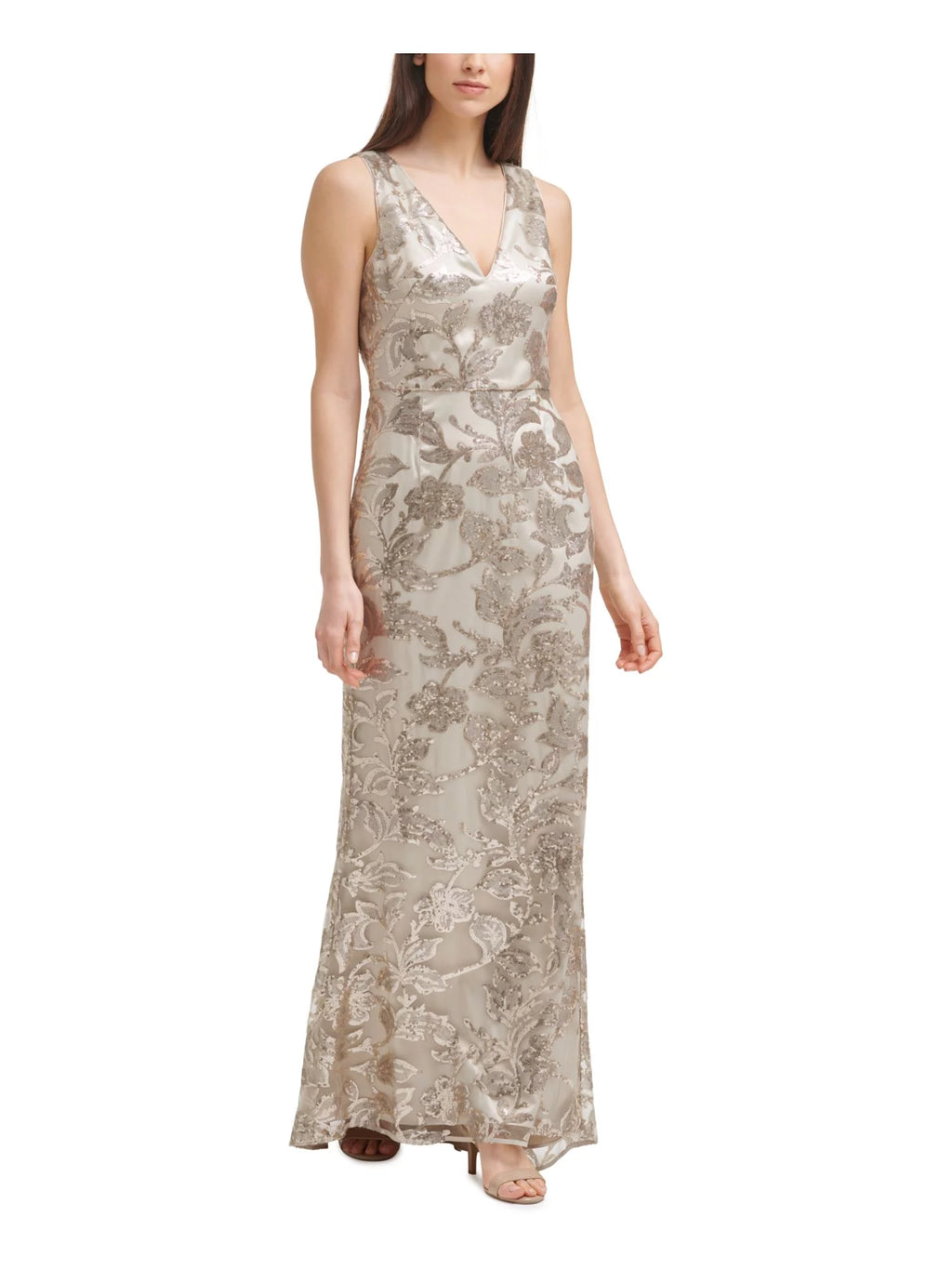 Beige Sequined Sleeveless V Neck Full-Length Sheath Dress J26316
