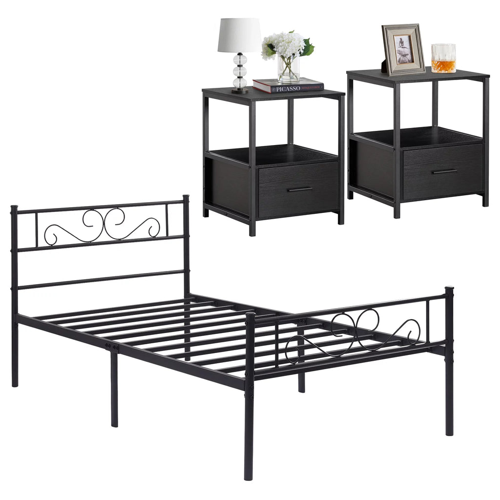 3-Piece Bedroom Set with Twin Bed Frame and 2 Black Nightstands O2775