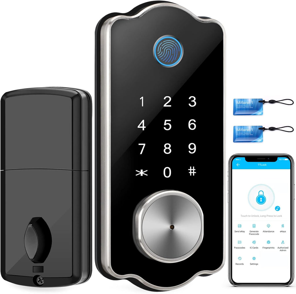 Bronze 5 in 1 Smart Lock with Biometric Fingerprint, Bluetooth, Keys, IC Card, Touchscreen Keypad N84638