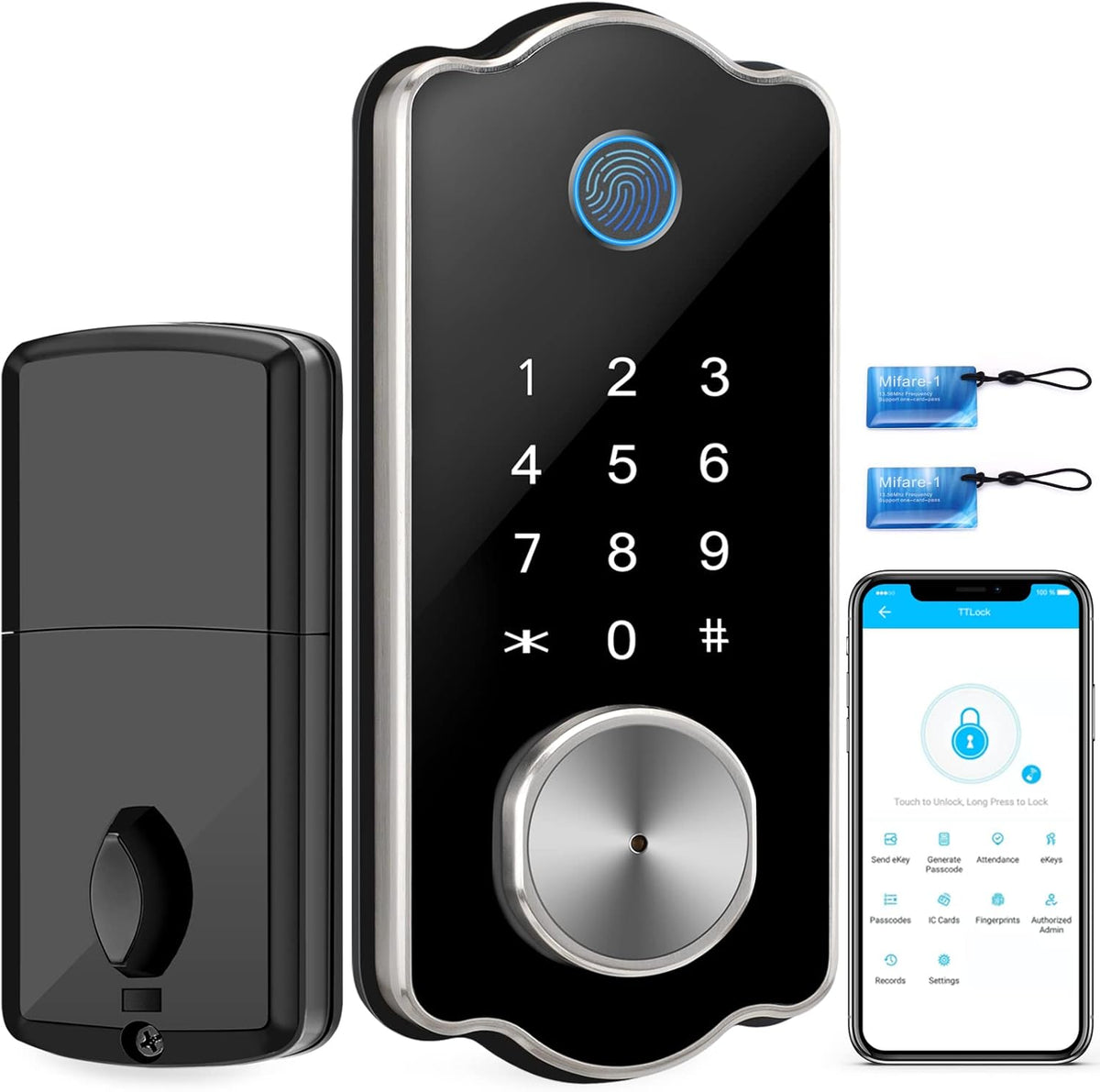 Bronze 5 in 1 Smart Lock with Biometric Fingerprint, Bluetooth, Keys, IC Card, Touchscreen Keypad N84638
