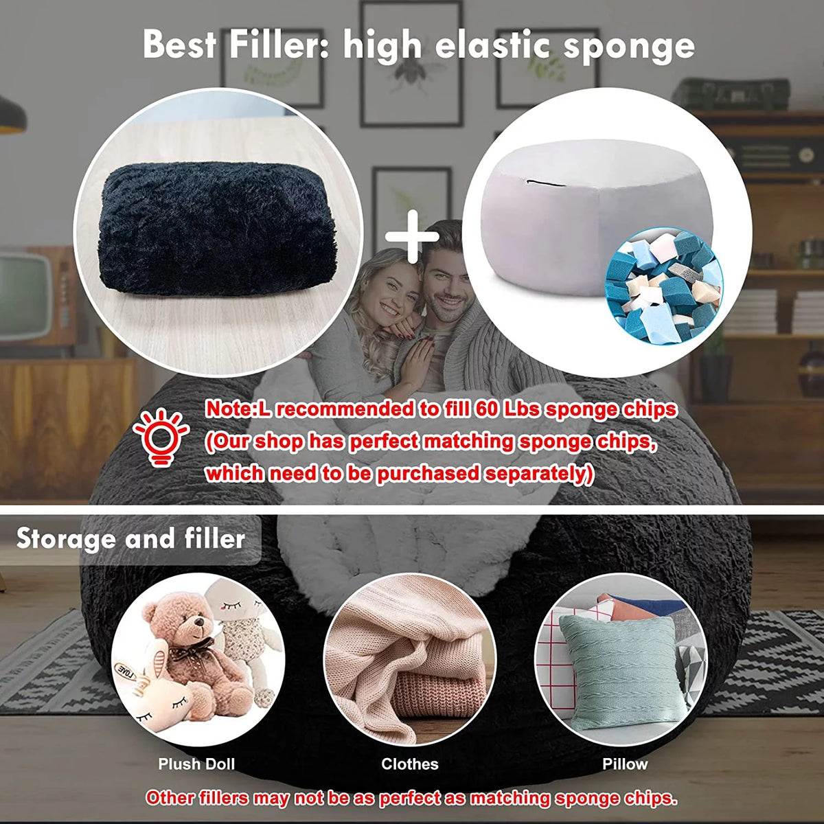 Round Soft Fluffy Velvet Bean Bag Chair Cover 6ft White/Gray W51082