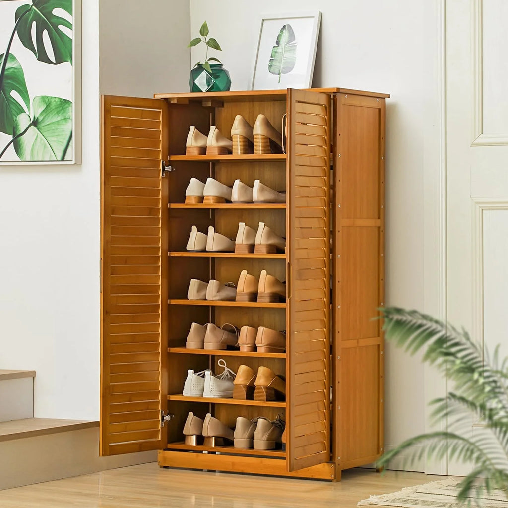 Tall Bamboo Shoe Storage Cabinet with Double Shutter Doors B7818