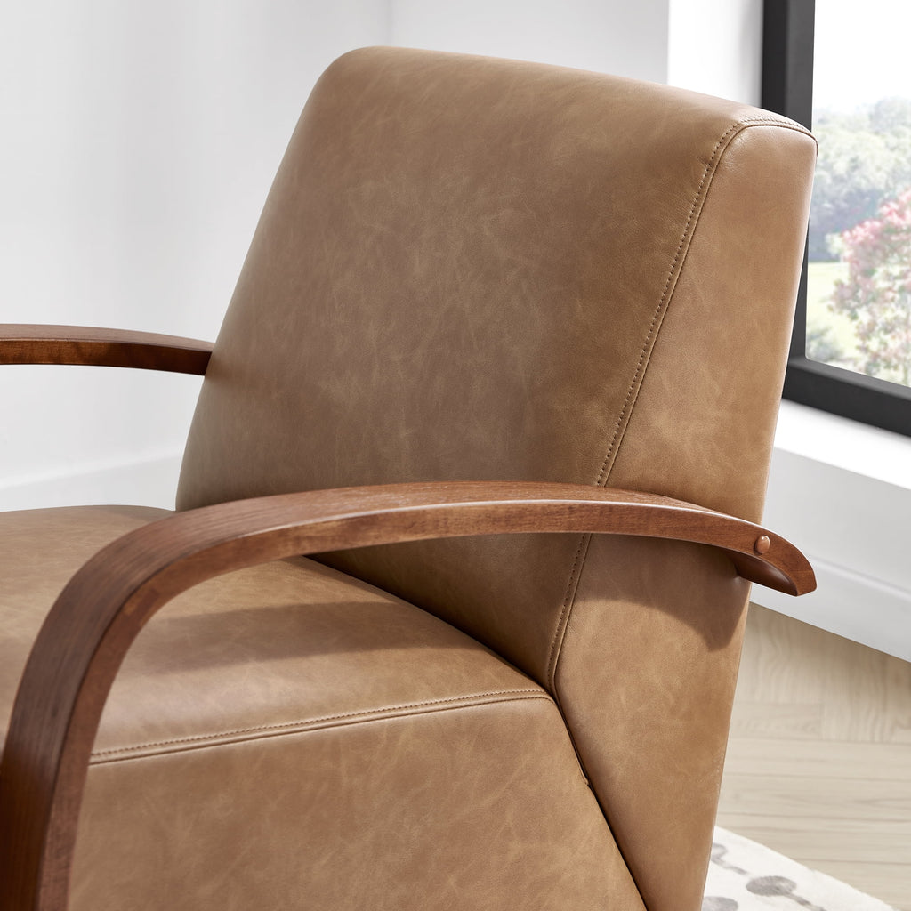 Cognac Brown & Walnut Swivel Accent Chair with U-shaped Wood Arm L198703