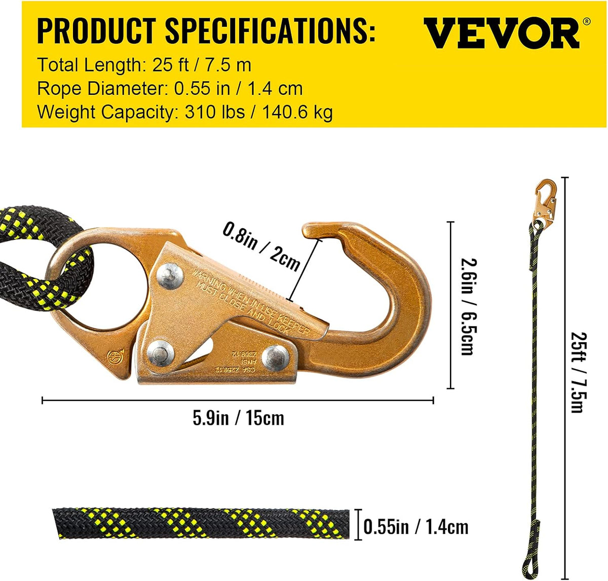 25 ft Polyester Fall Protection Rope with Alloy Steel Rope Grab, Pack of 2 T226