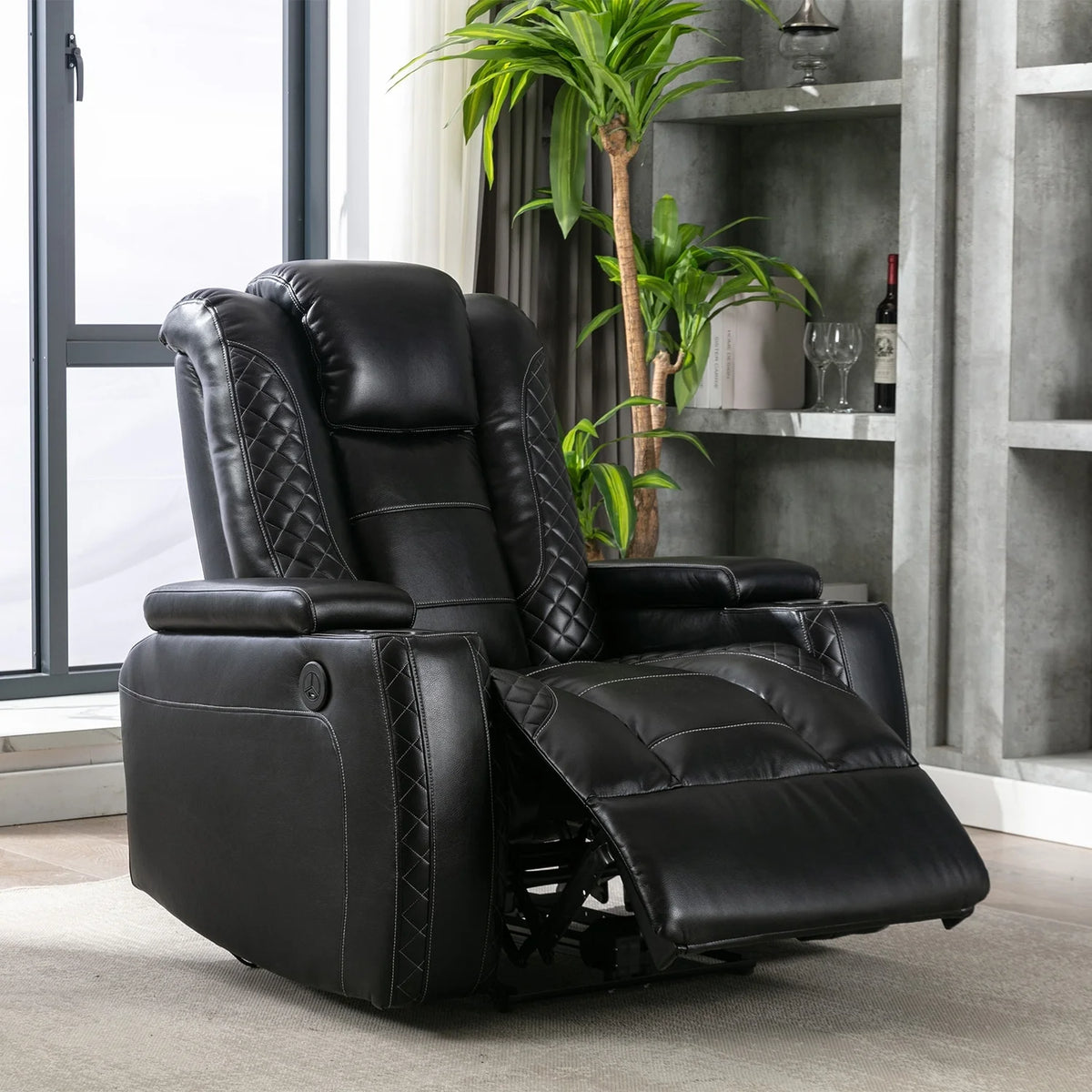 Oversized Faux Leather Home Theater Seating with Cup Holder Black E3353
