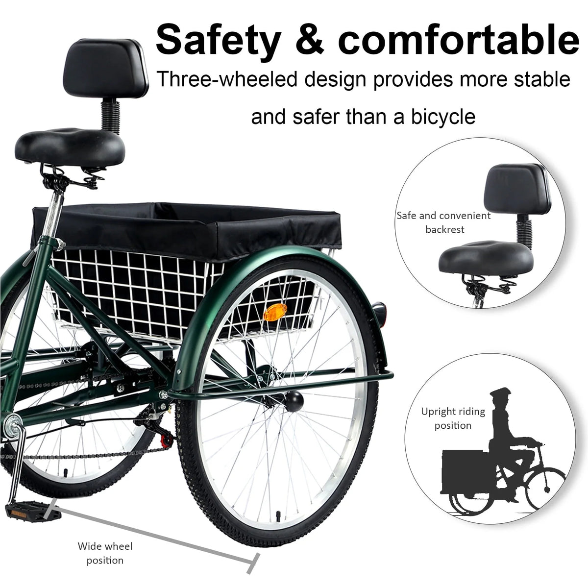 Green 26 Wheels 7-Speed Adult Tricycle with Basket L539