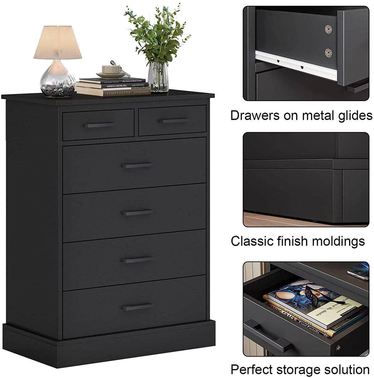 Black 6 Drawer Wood Dresser J21905