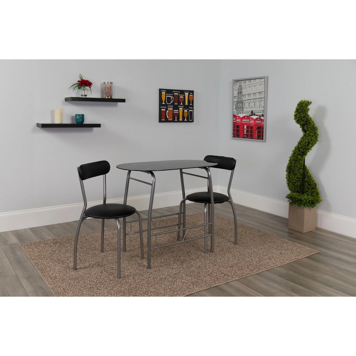 3 Piece Bistro Set with Black Glass Top Table and Black Vinyl Chairs G9430
