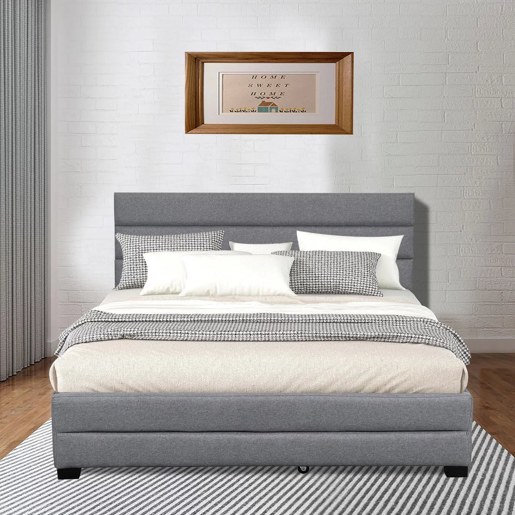 Queen Upholstered Platform Bed with Trundle and Two Drawers Grey H5316