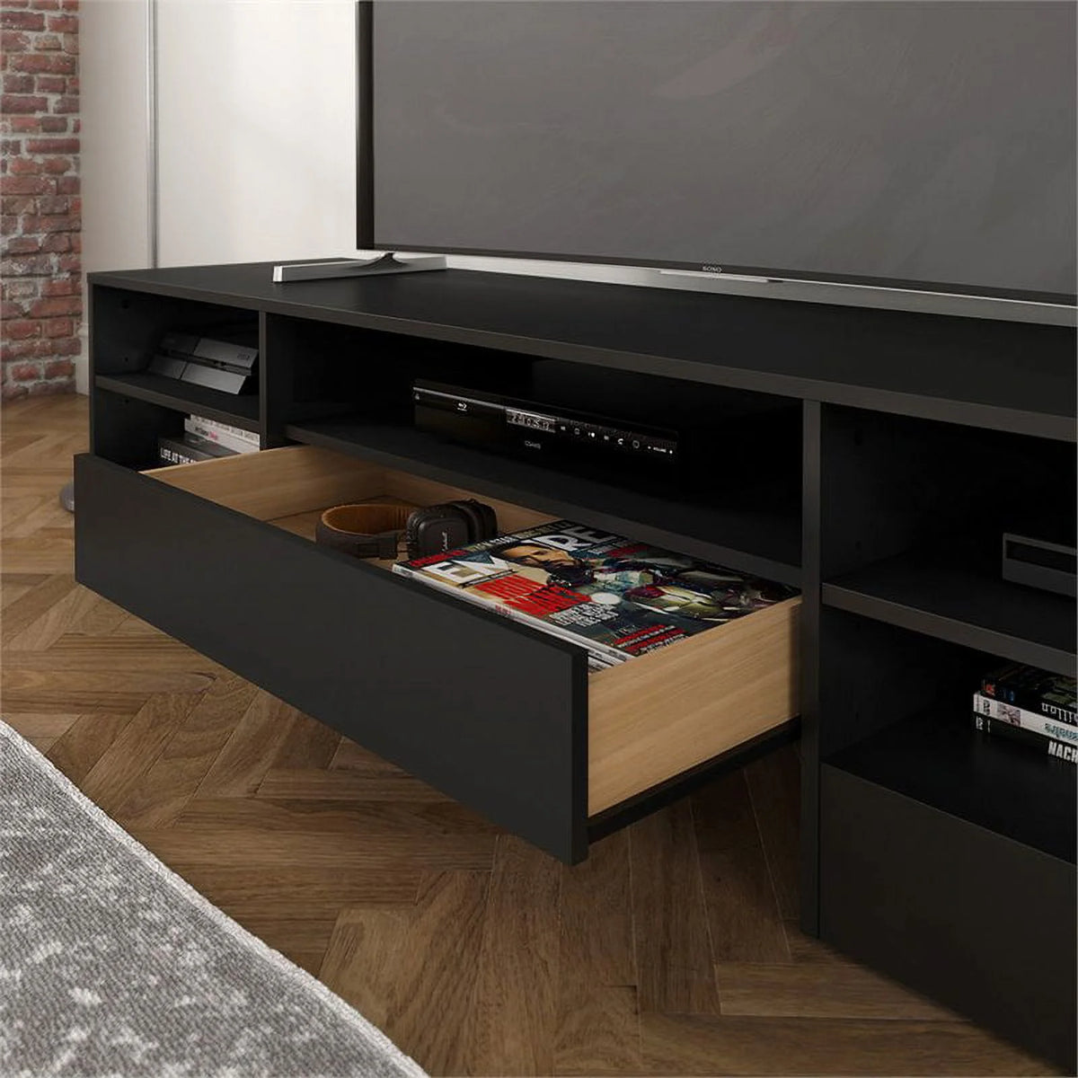 Rustic Wood TV Stand with 1 Drawer in Black D346773