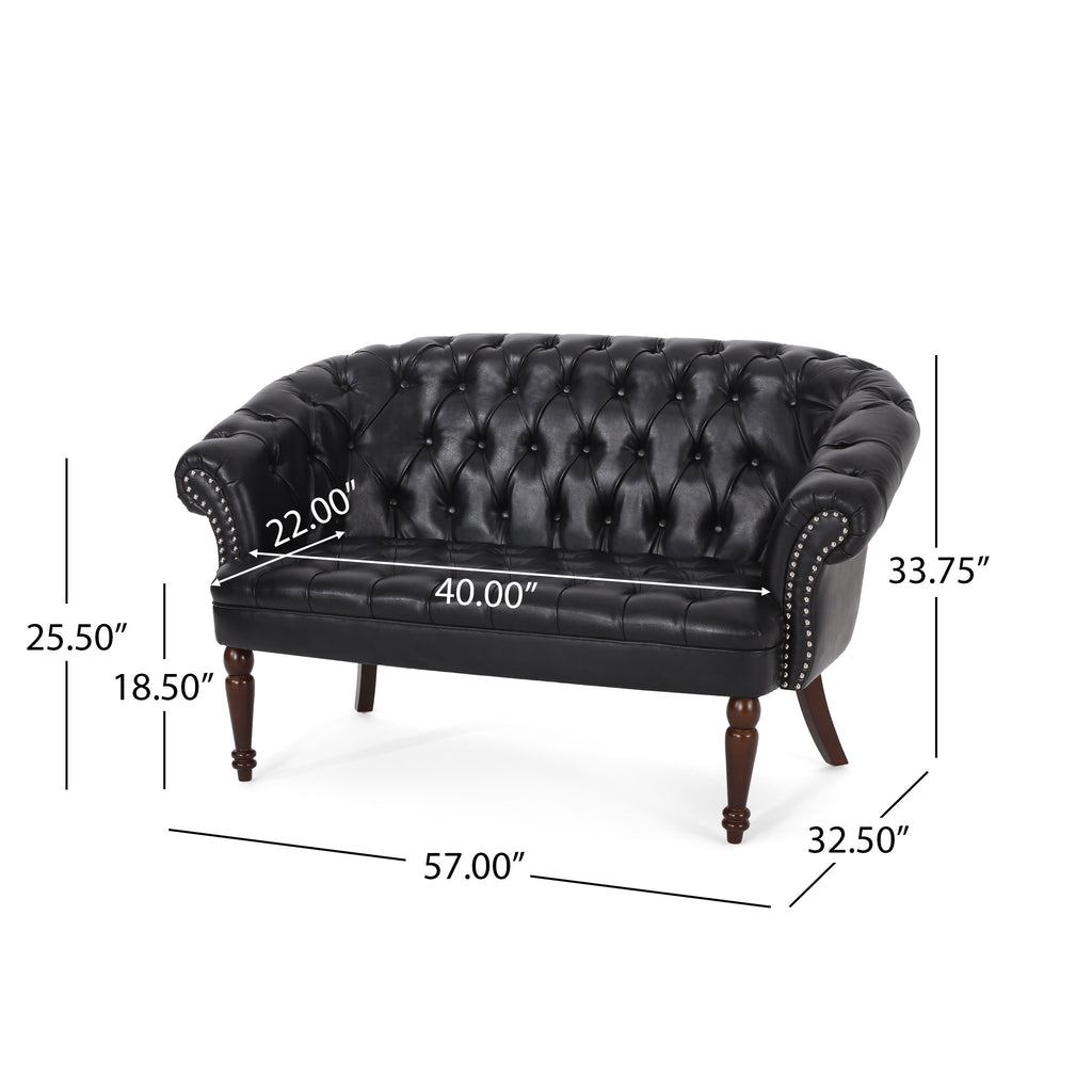 Midnight Black Leather Tufted Loveseat E217