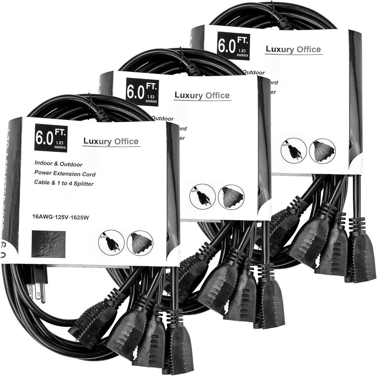 4 Way Power Splitter with 3 Pronged Outlet and Extension Cord, Black, 3 Pack F63844