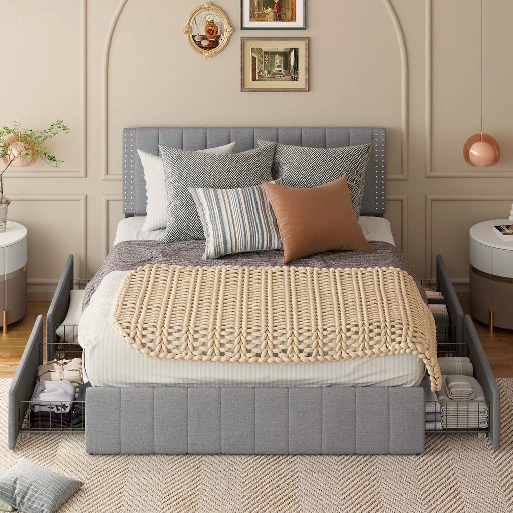 Queen Bed Frame with Adjustable Headboard and 4 Storage Drawers Y5187