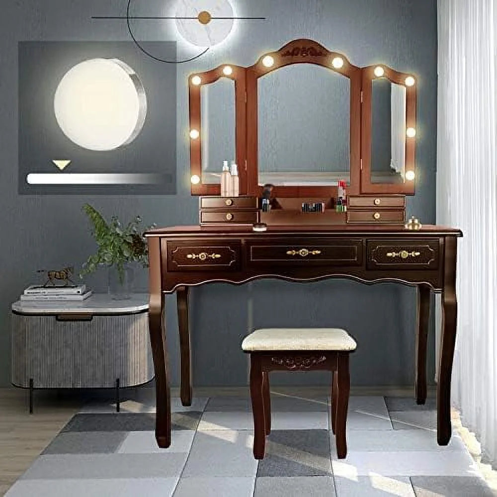 Brown 7 Drawer Vanity Set with Stool and Mirror Q128592