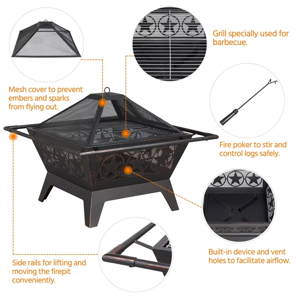 32in Square Steel Fire Pit with Mesh Cover R311897
