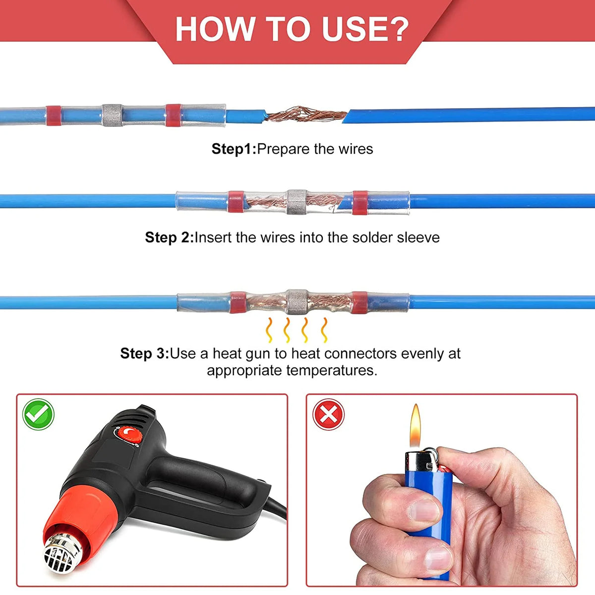 300 pc 22-18 AWG Red Waterproof Insulated Heat Shrink Butt Connectors O4183