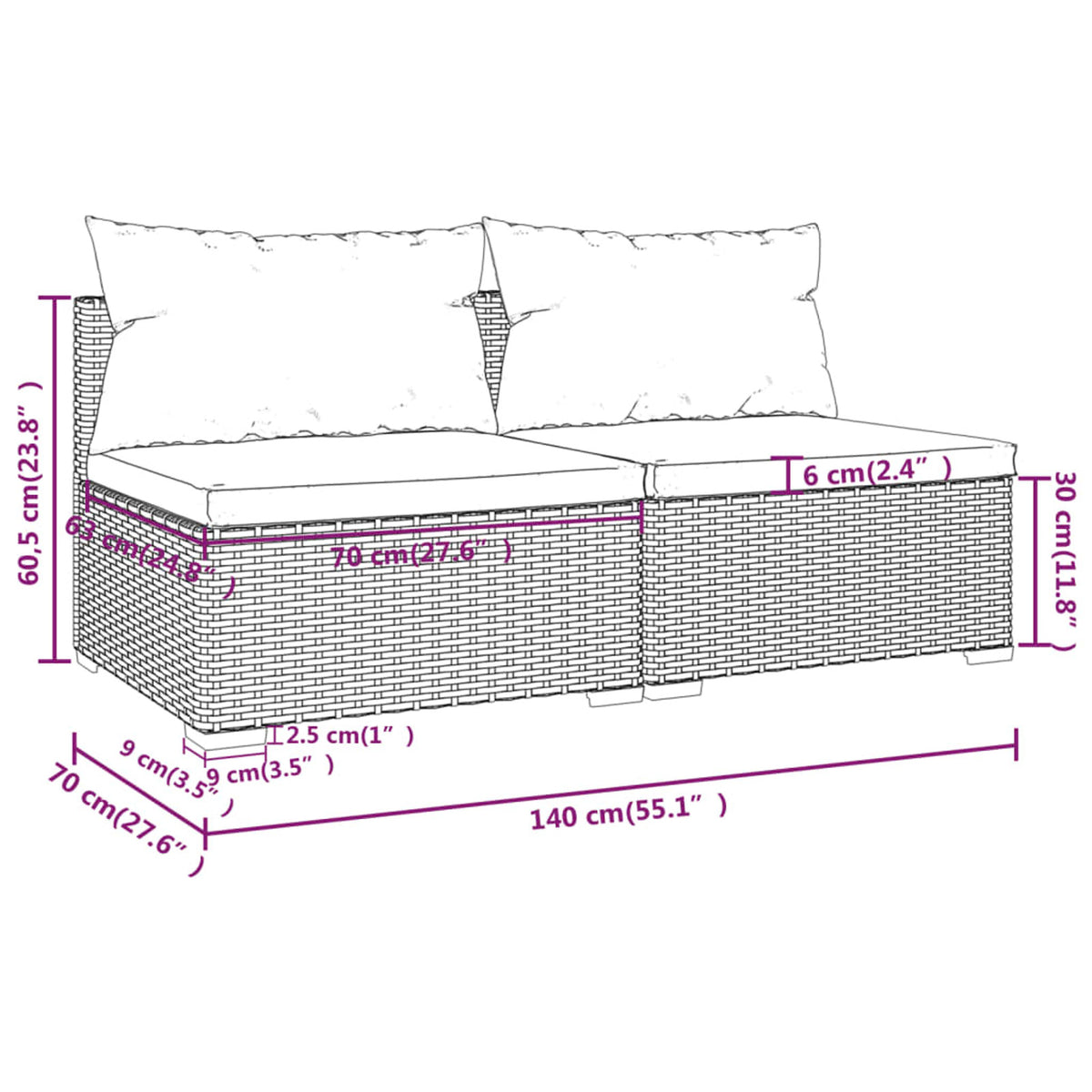 2 Piece Black Poly Rattan Patio Furniture Set with Cushions G309675