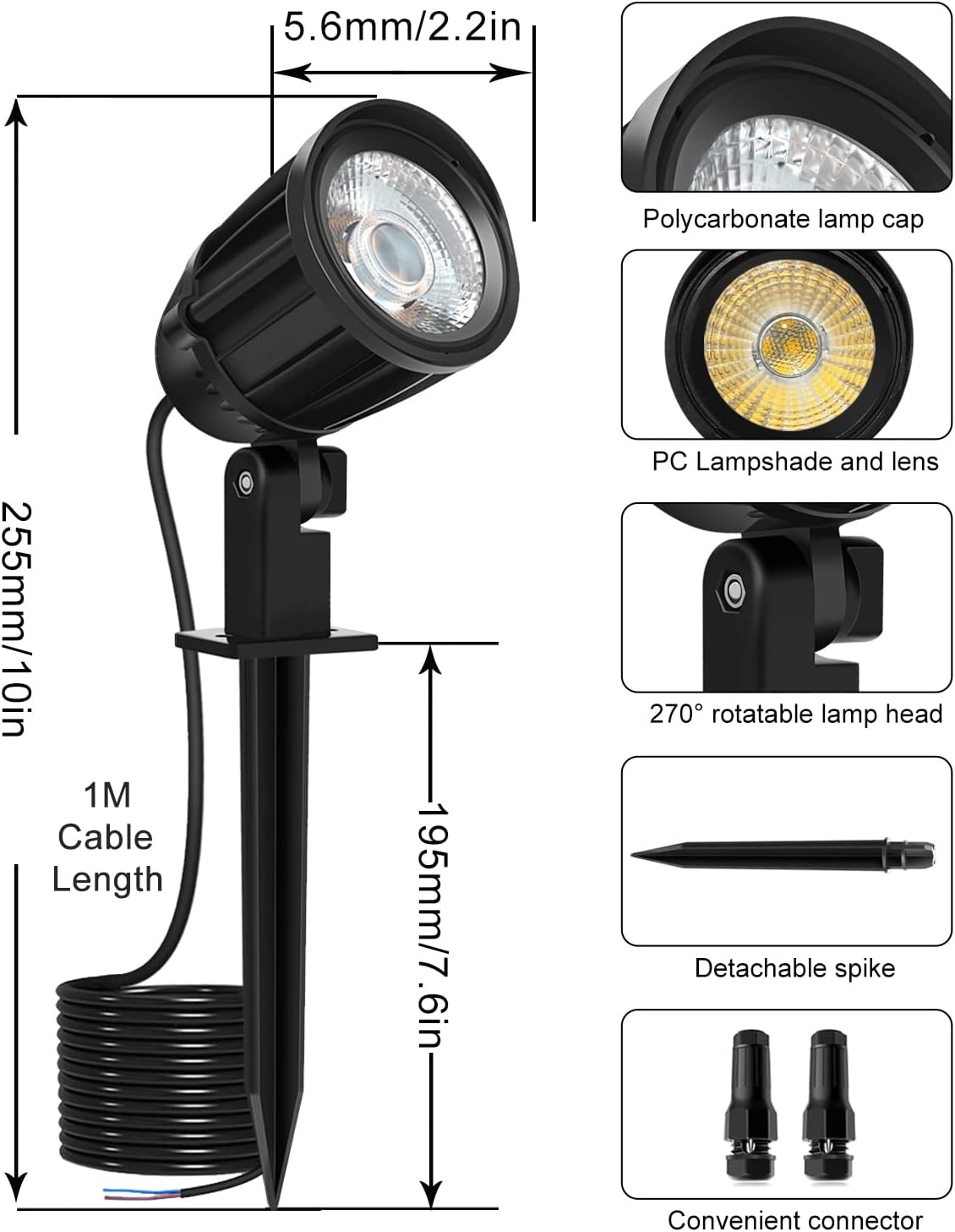 10 Pack LED Landscape Lights with Connectors, 12V 24V IP66 Waterproof Low Voltage 3000K Warm White Outdoor Spotlights with Spike Stand P2496
