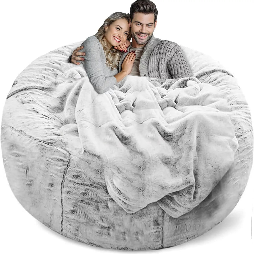 Round Soft Fluffy Velvet Bean Bag Chair Cover 6ft White/Gray W51082