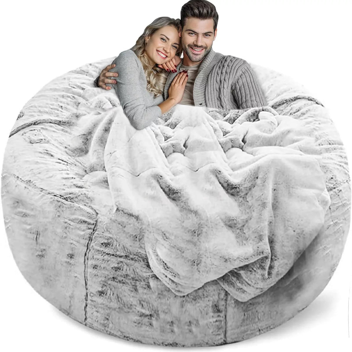 Round Soft Fluffy Velvet Bean Bag Chair Cover 6ft White/Gray W51082