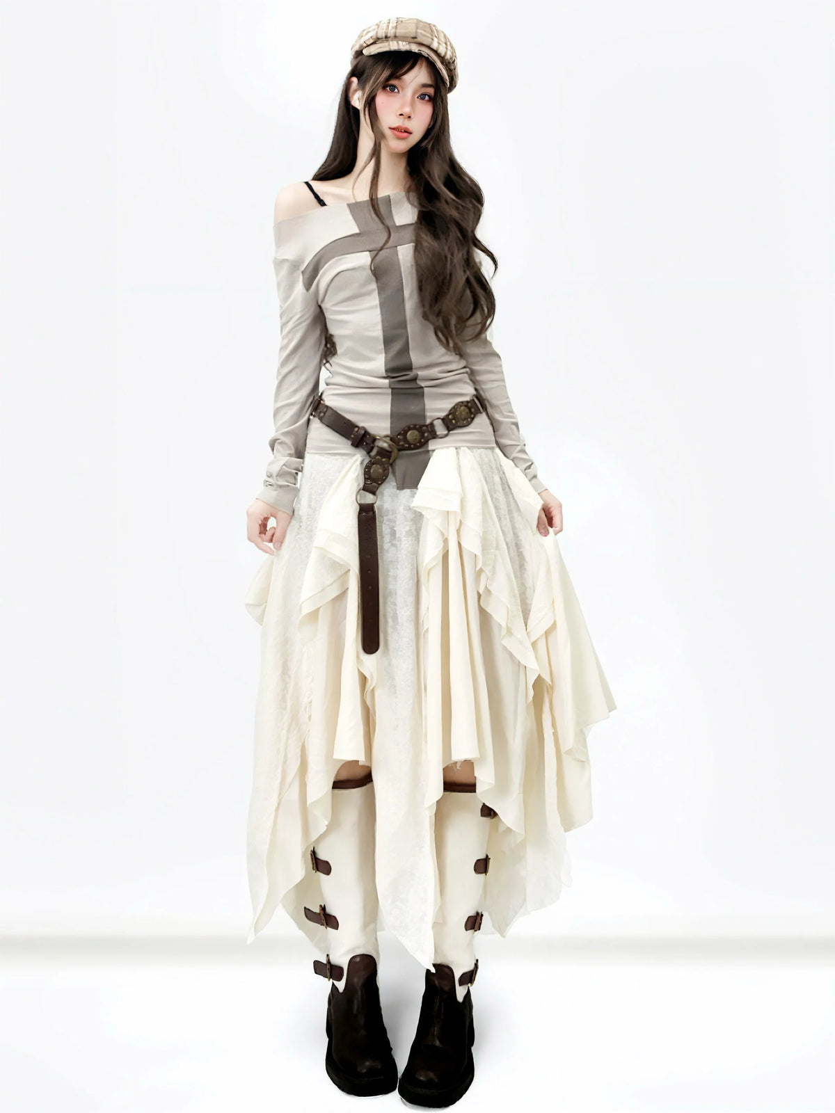 Lace Ruffle Irregular Hem Midi Skirt Z30994