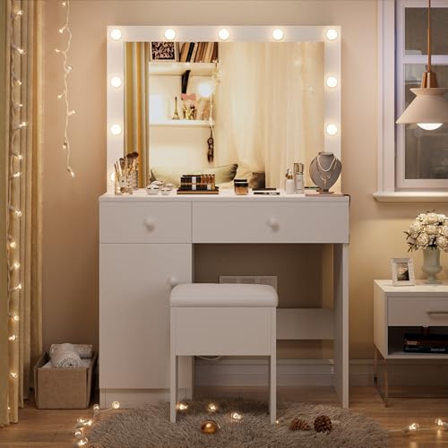 White Vanity Desk with Mirror and Lights A96543