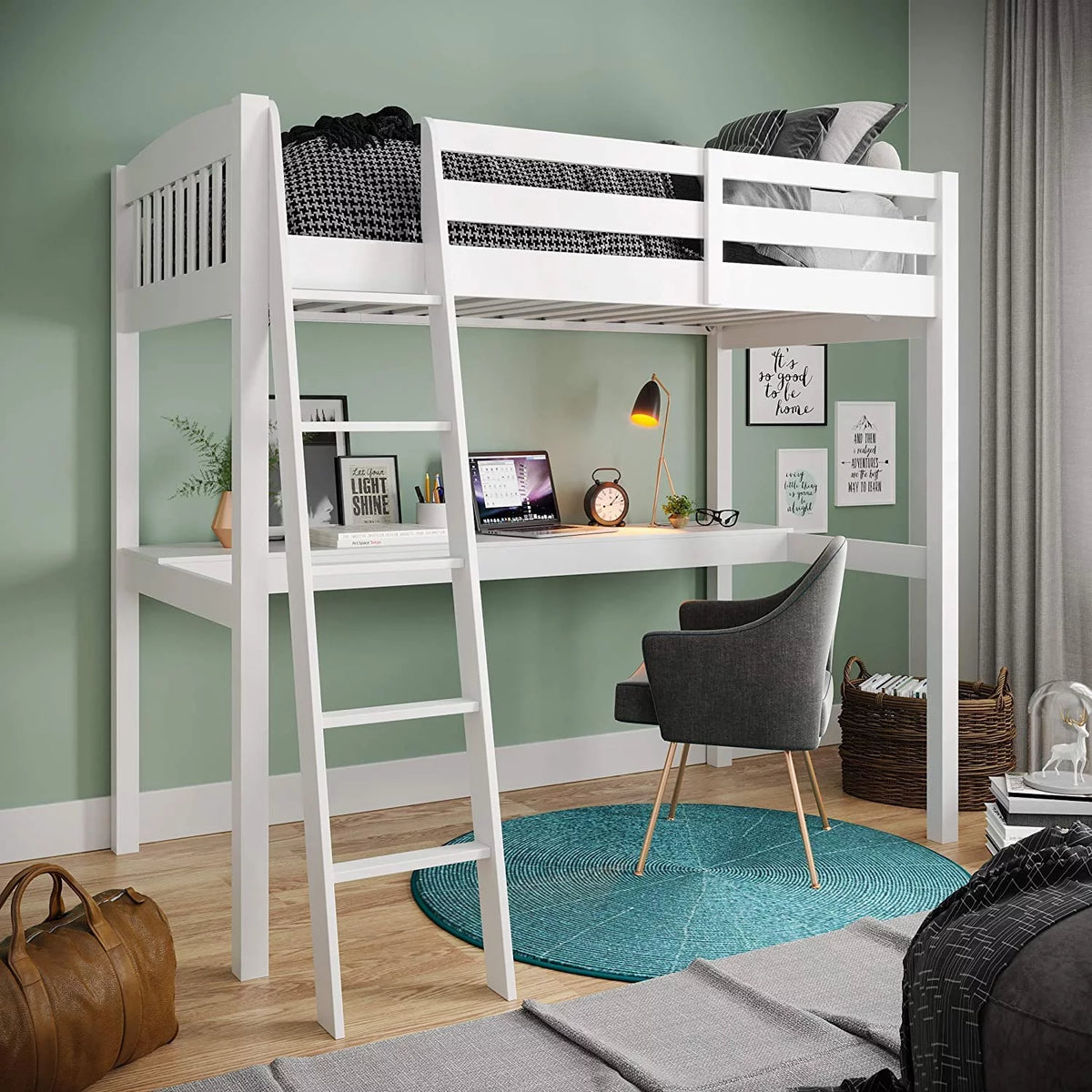 Solid Wood White Twin Size Loft Bed Frame with Desk & Stairs M25442