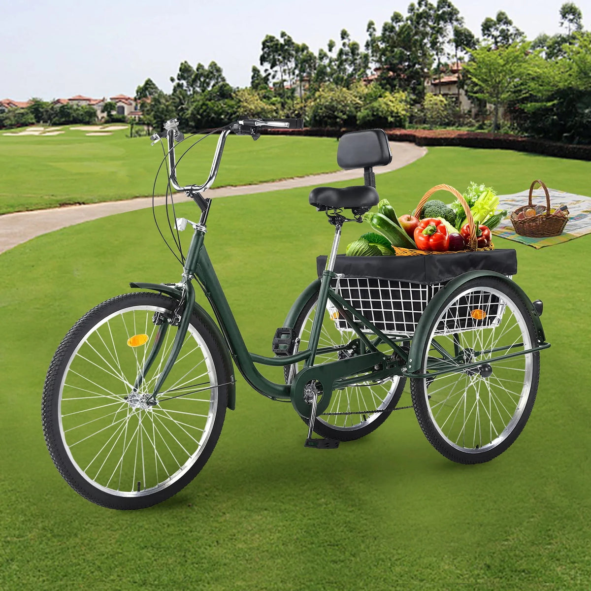 Green 26 Wheels 7-Speed Adult Tricycle with Basket L539