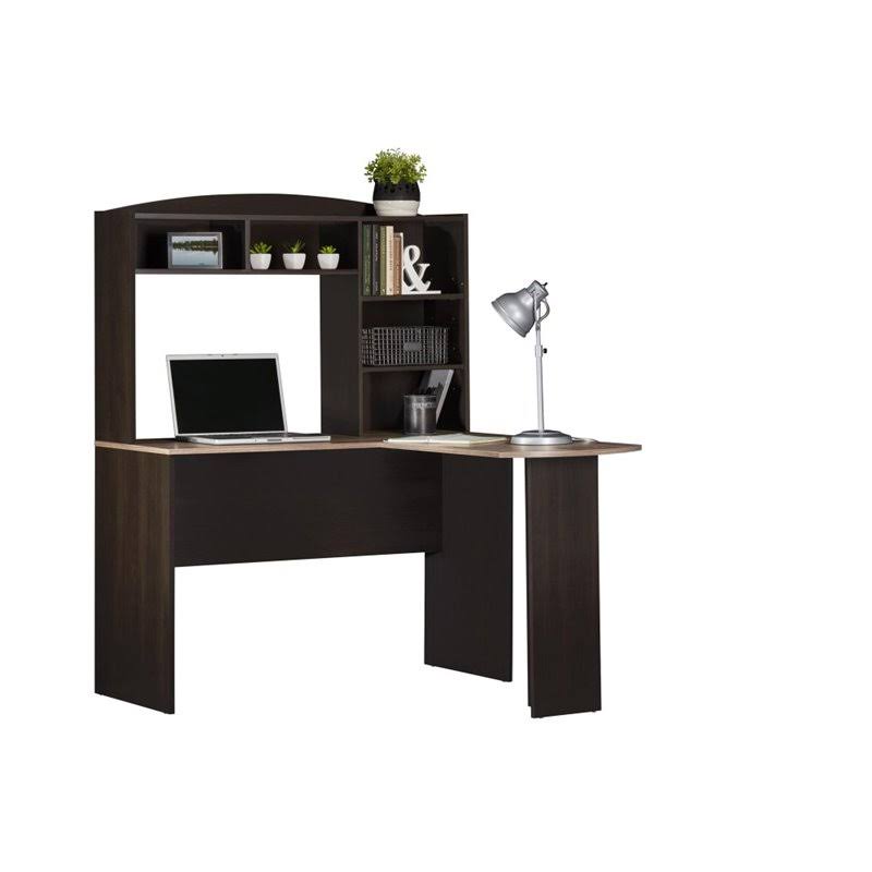 Espresso and Rustic Oak L Desk with Hutch V59362